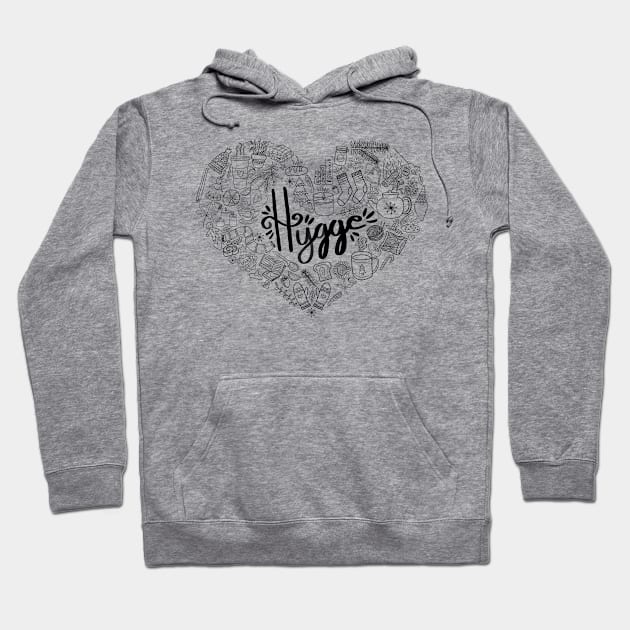 Hygge Heart - Black Line Art Hoodie by EcoElsa